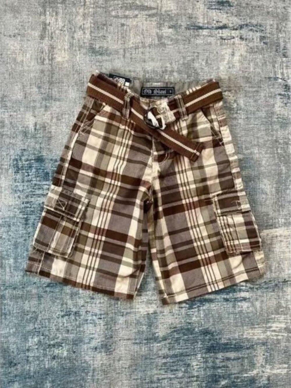 Boys Old Skool Brown Cream Plaid Cargo Shorts w Matching Belt Size 5